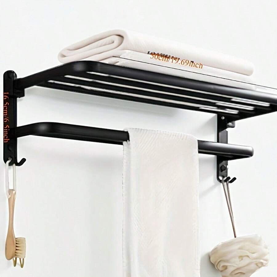 1pc Bathroom Storage Rack, Towel Organizer, Wall-Mounted Towel Bar, Towel Ring Hooks, Clothes Rack For Bathroom Accessories Organization
