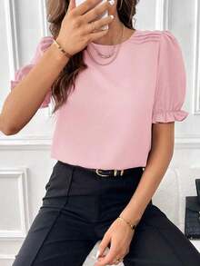 Blusa con mangas abullonadas, blusas de manga corta - Rosa - Ver 7