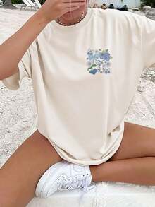 [Double-Sided Print] Women's Spring And Summer Top, Beach Fashion, Cool Style, Blueberry Print, Bow, Flowers And Hearts, Casual Short Sleeve Round Neck T-Shirt - 杏色 - 查看 2