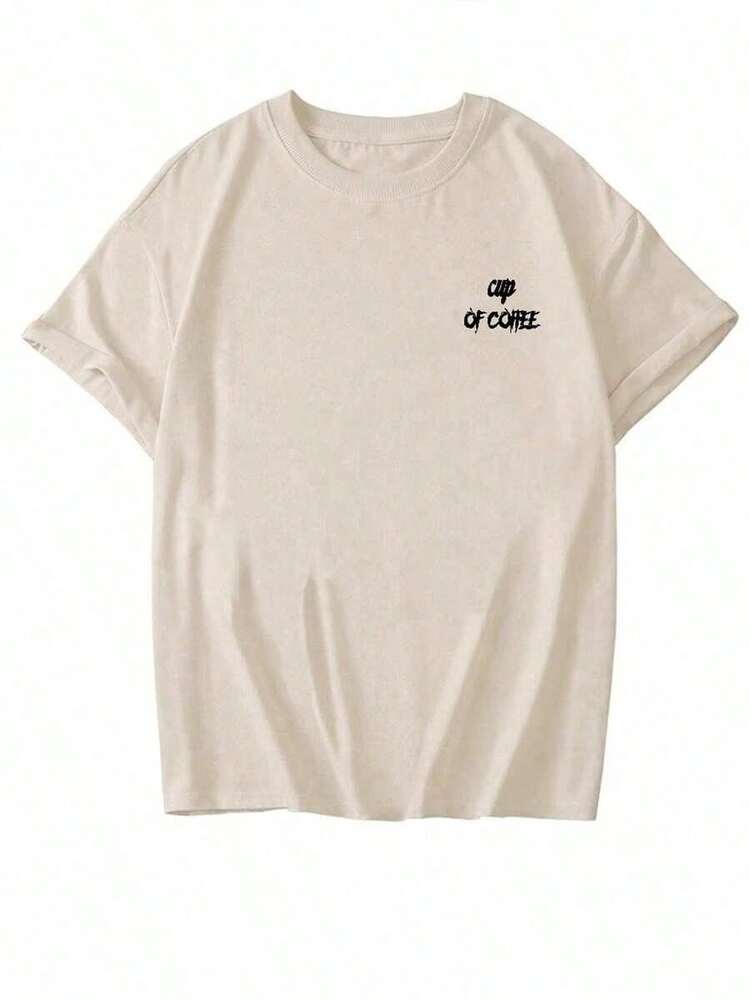 Nueva Camiseta de Verano Simple y Moderna con Estampado de Gesto de Mano con Taza de Café, Cuello Redondo y Manga Corta, Versátil y a la Moda para Mujer, 100% Algodón - Negro 1 - Añade 8