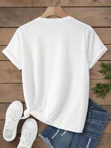 1 pieza de ropa para mujer, camiseta negra con estampado de hibisco, camiseta unisex casual de cuello redondo, tela de punto ligera de 220 g/m², lavable a máquina, para primavera/verano/otoño, Navidad, Día de San Valentín, Halloween. - Blanco - Ver 2