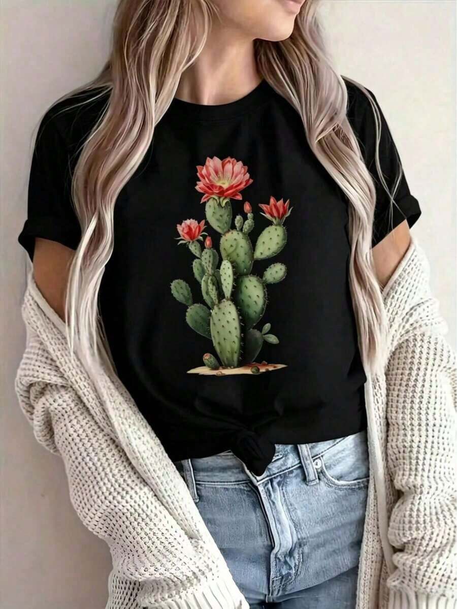1 Pieza de Moda Casual para Hombres y Mujeres| 1 Playera para Mujer 100% Algodón Transpirable| Camiseta casual de mujer con diseño de flores de cactus del desierto - Estampado transpirable, cuello redondo de manga corta, algodón ligero, top de verano con vibrantes flores rojas y hojas verdes - Ideal para el verano.Versátil, fácil de combinar, adecuada para uso diario, estilo urbano, conjuntos de vacaciones y atuendos de fin de semana. - Negro - Ver 1