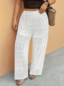 Pantalones holgados de punto con diseño calado, de moda para primavera/verano, pantalones casuales para resort, pantalones de resort de talla grande, pantalones para festival de música, conjunto de festival de música, pantalones largos sexy con di - Albaricoque - Ver 3