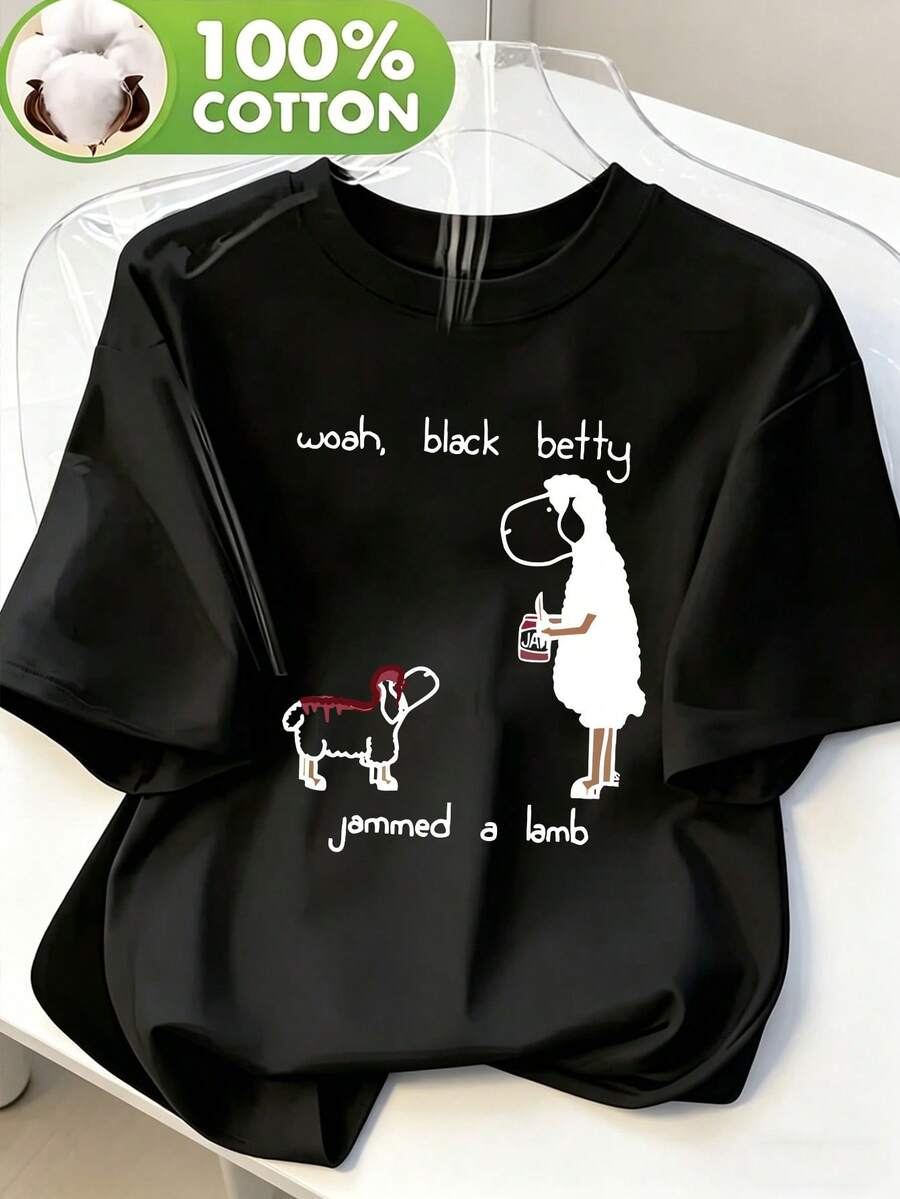 Soft Women's 100% Cotton T-Shirt With A Fun Rock And Roll Print. | Vintage Graphic T-Shirt Featuring The Fun "Black Betty Jammed A Lamb" Print, Casual And Breathable Style, Loose Fit And Short Sleeves, Suitable For Music Fans And As A Gift, With A Fun And Witty Design, Comfortable To Wear, Stylish Blouses For Ladies. - 黑色 - 查看 1
