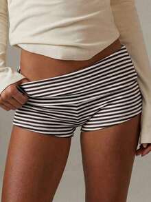cortos de mujer Vaiaye de unicolor, ajuste delgado, cintura baja, mini shorts, estilo minimalista, adecuados para verano, playa bohemia, fiesta y uso diario - Rayas marrones y blancas - Ver 9