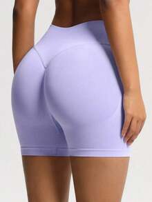 Pantalones cortos de yoga sin costuras de cintura alta para mujer - Levantamiento de glúteos elástico, adecuado para correr, fitness y actividades al aire libre| Apariencia de moda| Tela elástica de verano - Púrpura malva - Ver 6