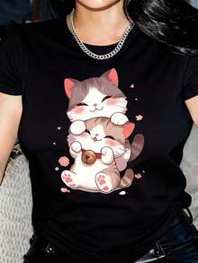 New Arrivals For Summer. Women's Short-Sleeved T-Shirt With Cartoon Cat Print - 3 Pink Hearts Design, Soft, Black Round Neck, Machine Washable, Casual Wear For All Seasons, Blouse, Shirt > Beautiful. - 黑色 - 查看 6