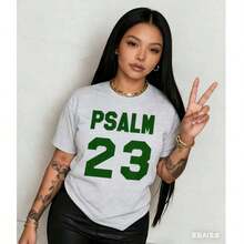 Camiseta Transpirable de Fe Cristiana para Mujer - Estampado Versículo Bíblico Salmo 23, Ligera, Cuello Redondo, Manga Corta, Blanca con Texto Verde, Ropa Casual para Exteriores - Top de Verano Lavable (Tallas de EE. UU.) Ropa de Mujer a la Moda - Gris - Ver 4