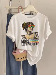 Women's Minimalist Casual T-Shirt, New Women's Cotton Short-Sleeved T-Shirt, Printed With The Message "Pride," Anti-Prejudice, Multi-Inclusive, With A Stylish Graphic Print, An Excellent Summer Fashion Gift, Suitable For Parties And Everyday Wear. Women's T-Shirts. - 白色 - 查看 12
