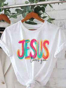 1 camiseta con estampado gráfico "Jesus Loves You", manga corta, cuello redondo, estilo casual para verano y primavera, camiseta para mujer, 180g, 100% algodón. - Blanco - Ver 2