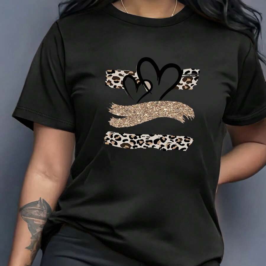 Women's Graphic T-Shirt - Short Sleeve, Breathable, Modern Design With Gold Heart And Leopard Print, Elegant Casual T-Shirt For Summer, Stylish Casual Wear | Modern Casual Style | Stretch Fabric - 黑色 - 查看 1