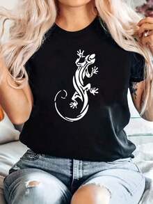 Women's Casual Sports T-Shirt, Round Neck, Short Sleeve, With Print, A Comfortable T-Shirt For Summer Vacation - 黑色 - 查看 7