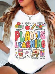 "Play And Learn" Teacher T-Shirt - Bright Educational Print, Breathable Summer Casual T-Shirt, Machine Washable Crew Neck Design, Teacher's Day Gift, Teacher T-Shirt, Casual Wear, Stretchy Fabric. A Very Distinctive Printed T-Shirt / Unisex Style / Suitable For Both Men And Women / Wrinkle-Resistant / Breathable - 白色 - 查看 1