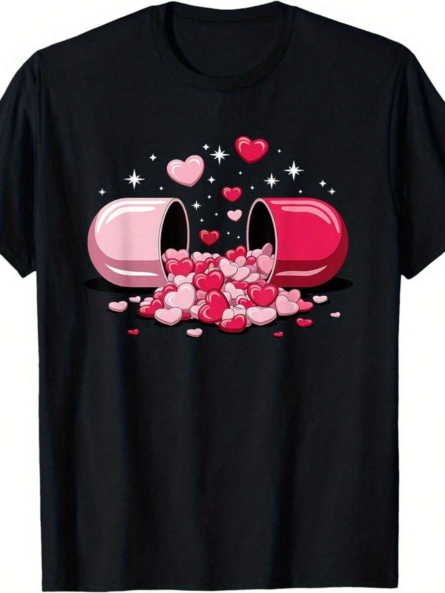 Short Sleeve T-Shirt, Couple's T-Shirt - Short Sleeve T-Shirt With Fun Pharmacy Capsule And Heart Print, Casual Wear, Heart-Shaped Print T-Shirt, Shirt - 黑色 - 查看 1