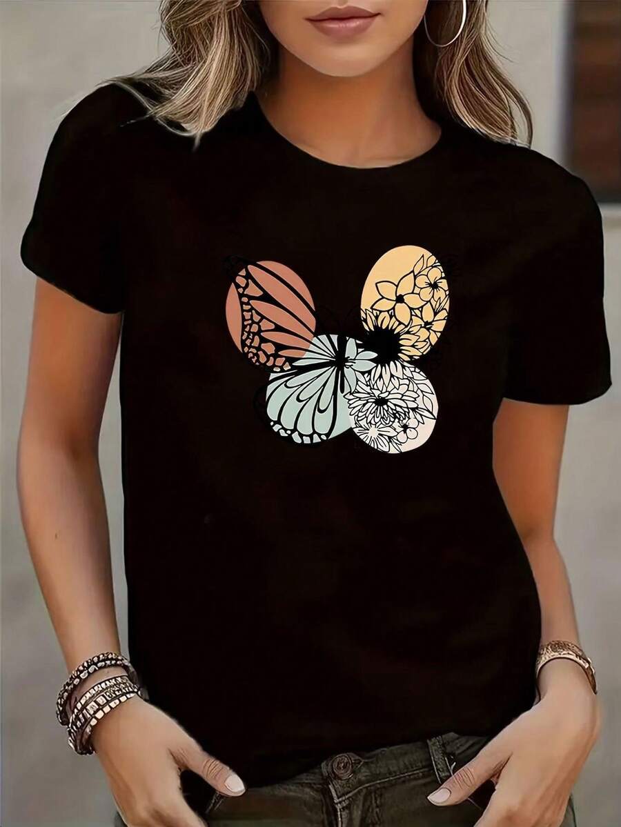 Women's Plus Size Casual T-Shirt With Unique Print, Durable And Washable, Short Sleeve, Suitable For Urban Style And Daily Wear, Gift For Women - 黑色 - 查看 1