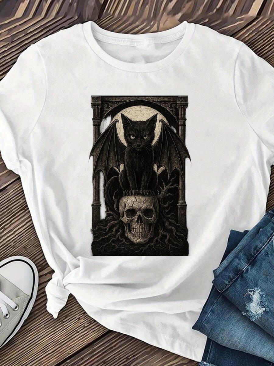 Women's Short Sleeve T-Shirt With Cat And Wings Print, Summer Clothes For Women, Round Neck Printed T-Shirt, Casual Short Sleeve Clothing For Women - 白色 - 查看 1