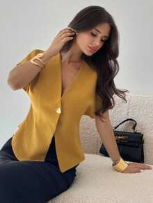 Blusa casual de manga murciélago asimétrica de unicolor mostaza, elegante, simple, estilosa y minimalista, versátil para el uso diario y el transporte, de alta gama, minimalista y desconstructiva, con manga de murciélago oversize y cuello en V de - Amarillo - Ver 3