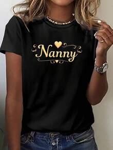 Nanny Print T-Shirt With Gold Heart And Embellishments, Short Sleeves, Round Neck, Casual Top For Summer And Spring, Women's Clothing - 黑色 - 查看 1