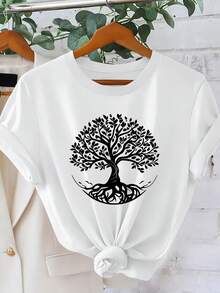 Women's Short-Sleeved T-Shirt, Modern Style, With A Simple World Tree Design, Round Neck, Cute And Casual Summer Wear. Fashionable, Sporty, Ideal For Vacations, Versatile Retro Top Available In Multiple Colors From S To XXL - 白色 - 查看 1