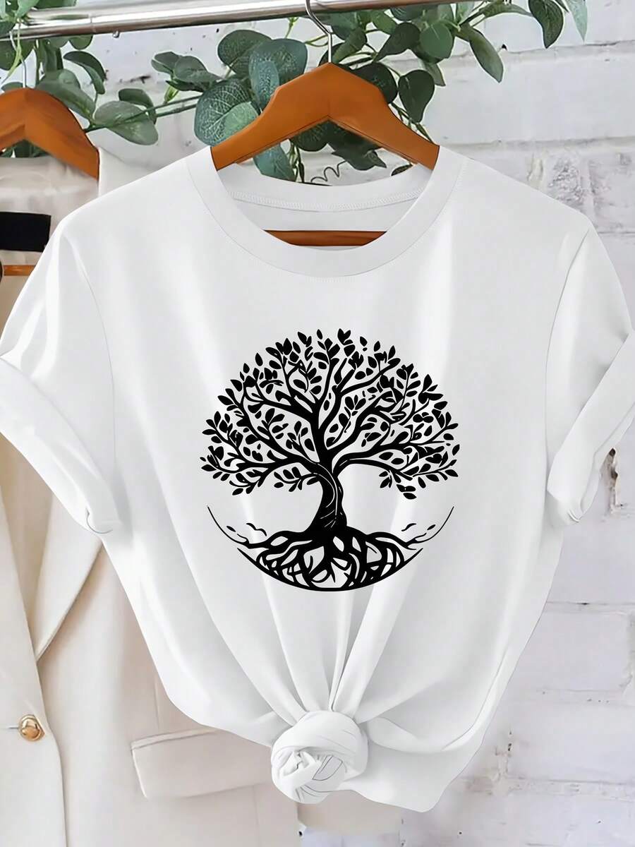Women's Short-Sleeved T-Shirt, Modern Style, With A Simple World Tree Design, Round Neck, Cute And Casual Summer Wear. Fashionable, Sporty, Ideal For Vacations, Versatile Retro Top Available In Multiple Colors From S To XXL - 白色 - 查看 1