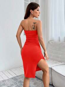 Vestido corto de verano ajustado tipo tubo con abertura lateral - Rojo - Ver 2