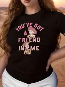 The Print Features Two Smiling Friends Symbolizing Loyalty And The Strength Of True Friendship, With A Positive Message That Inspires Trust And Unity Between People And Conveys Friendly Energy And Optimism. This Casual And Comfortable Women's T-Shirt Is Perfect For Everyday Wear. - Black - View 1