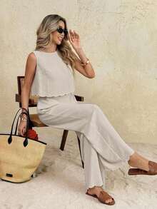 Conjunto informal de 2 piezas con top de cuello redondo y lazo en la espalda, y pantalones de cintura elástica de unicolor para mujer - Albaricoque - Ver 5