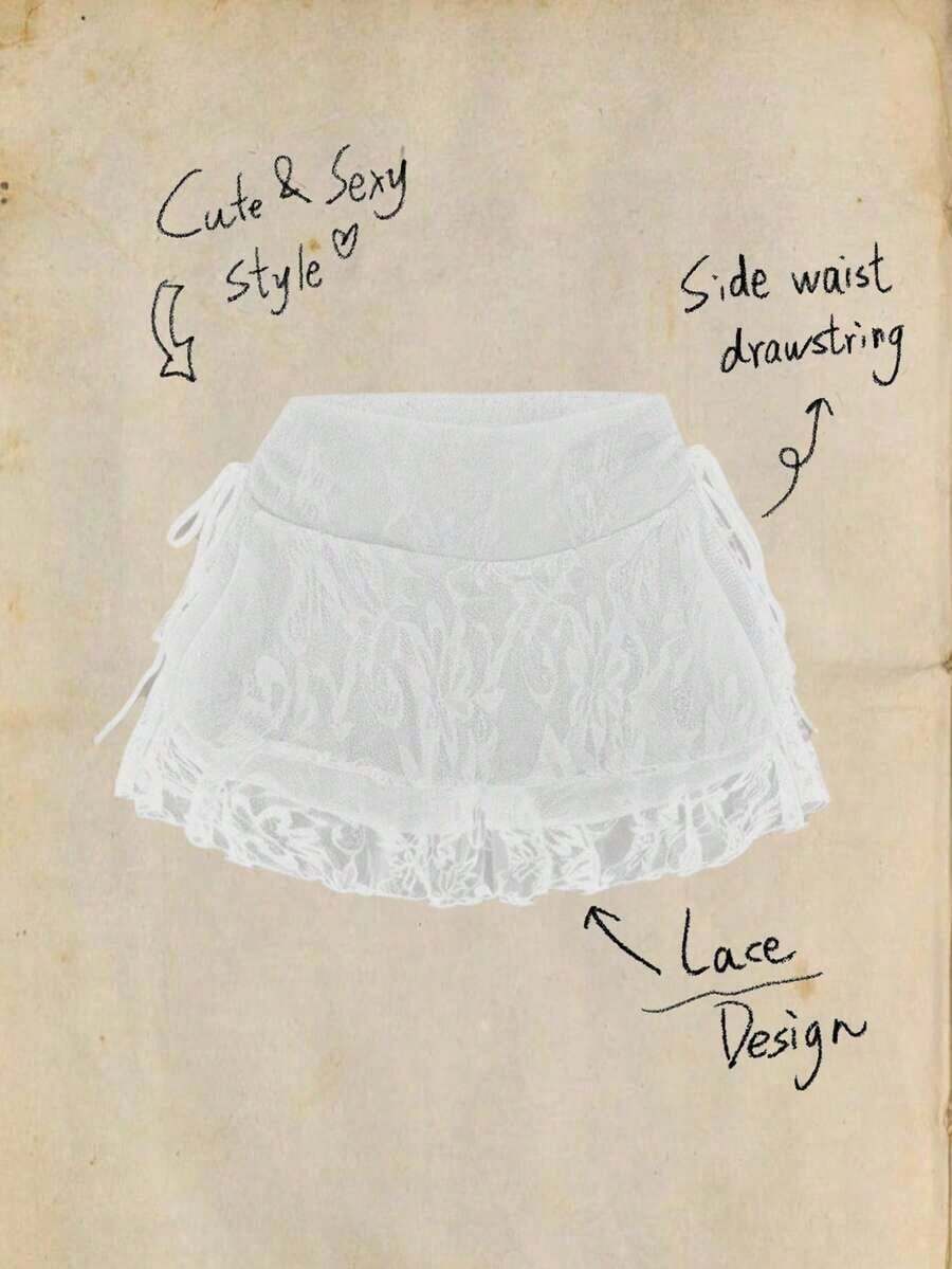 Falda casual de mujer con cintura con cordón, lazo y volantes de tela de encaje de doble capa, adecuada para uso diario - Blanco - Ver 1