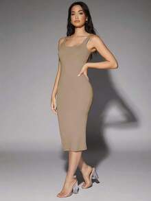 Vestido tank de espalda baja unicolor - Caqui - Ver 4