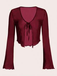 Top de malla con mangas acampanadas, abertura frontal con nudo, y ribete de lechuga.Top casual de mujer de ajuste regular, con cuello en V, mangas acampanadas con volante, y efecto colorblock en negro.Prenda de mujer sencilla para primavera/o - Burdeos - Ver 5