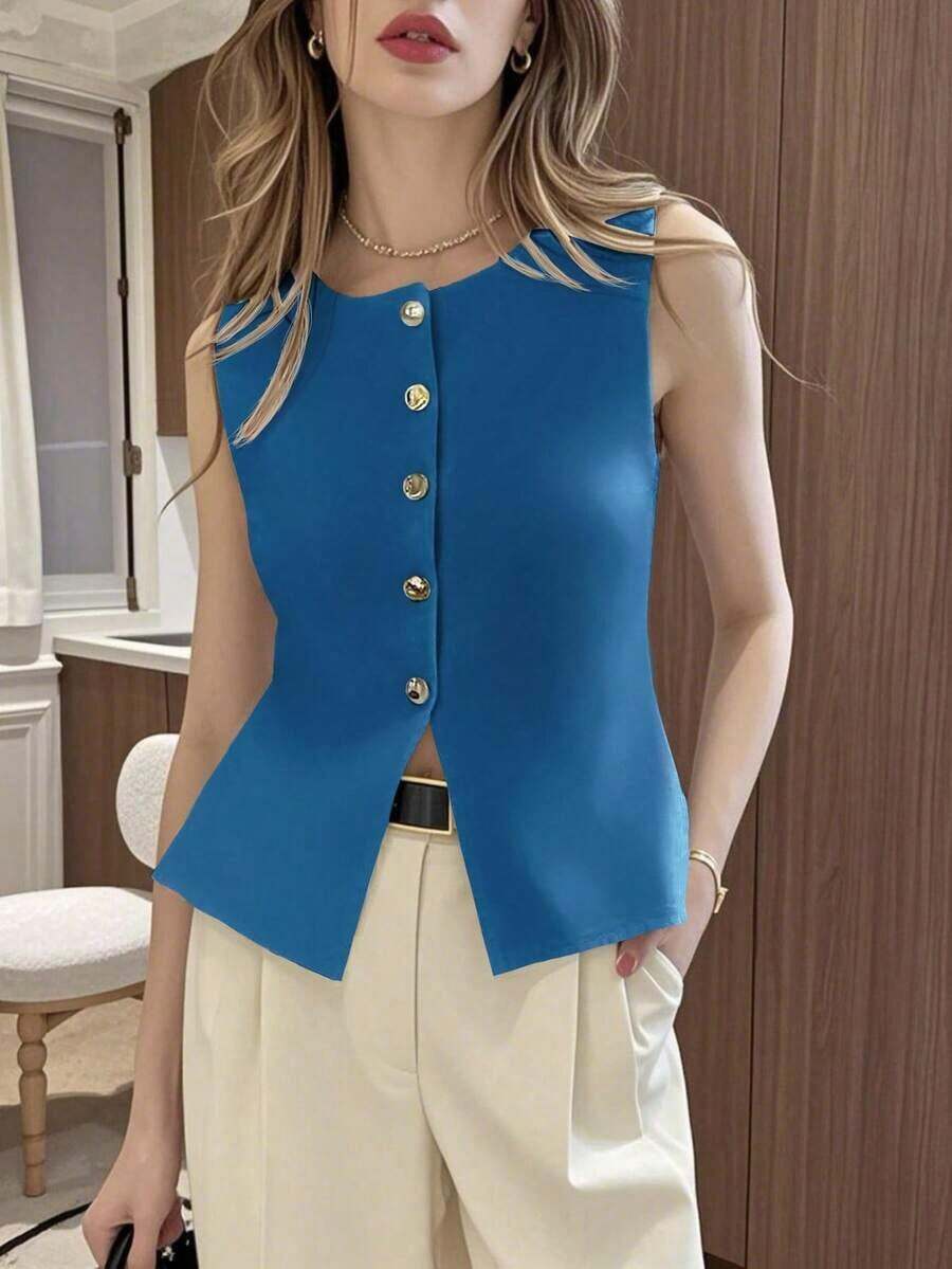 Knit Blouse – Round Neck, Front Buttons – Elegant And Minimalist Design – Perfect For Everyday Wear - 藍綠色的水 - 查看 1