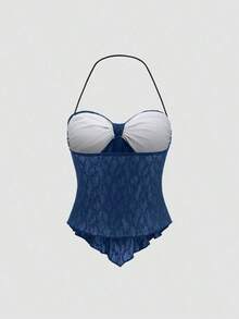 Top corto de verano para mujer con cuello halter y nudo delantero en unicolor, estilo Y2K - Azul marino - Ver 2