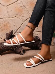 Elegant Women's Sandals, Criss-Cross Straps Open Toe Flat Slip-On Casual Slouchy Shoes, Summer Beach Slippers For Outdoor, Vacation - White - View 5