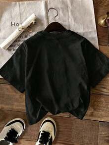 Women's Casual T-Shirt With Anniversary Ring Print, Short Sleeve, Round Neck, Drop Shoulder, Regular Length, Medium Elasticity Fabric - 黑色 - 查看 4