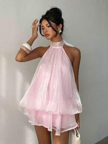 Vestido mini elegante de mujer con estampado de lunares y escote halter sin espalda - Rosa Pálido - Ver 7