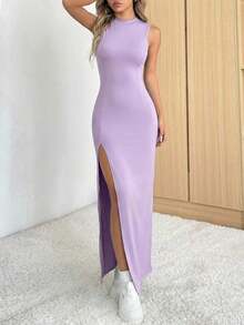 Vestido casual y elegante con abertura lateral, liviano para el verano - Morado - Ver 5