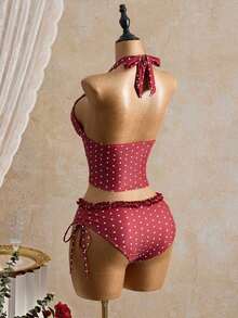 Swim Mod Conjunto de traje de baño de verano con top corto con volantes y estampado de lunares y Bottom de bikini con lazo en la cintura para mujer - Rojo 2 - Ver 2