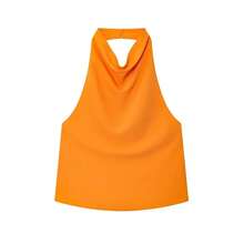 MUJER-Tops con cuello Halter para mujer, Top corto de satén con espalda descubierta, Tops de playa con hombros descubiertos para mujer, camisola Sexy, Top sin mangas para mujer - Naranja - Ver 5