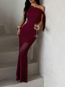 Vestido de verano para mujer WOWDARK, rojo vino, atuendo elegante con tirante asimétrico, superposición de gasa para fiesta y boda - Burdeos - Ver 4