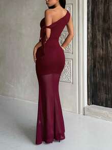 Vestido de verano para mujer WOWDARK, rojo vino, atuendo elegante con tirante asimétrico, superposición de gasa para fiesta y boda - Burdeos - Ver 5