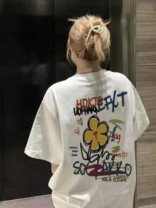 Camiseta blanca de manga corta para mujer, de cuello redondo, corte holgado, estampada con letras, moderna, versátil y personalizada, adecuada para el uso diario en primavera y verano, cómoda y agradable para la piel. - Blanco - Ver 7