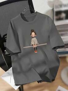 Plus Size Casual T-Shirt With A Print Of A Smiling, Healing Girl - 灰色的 - 查看 1