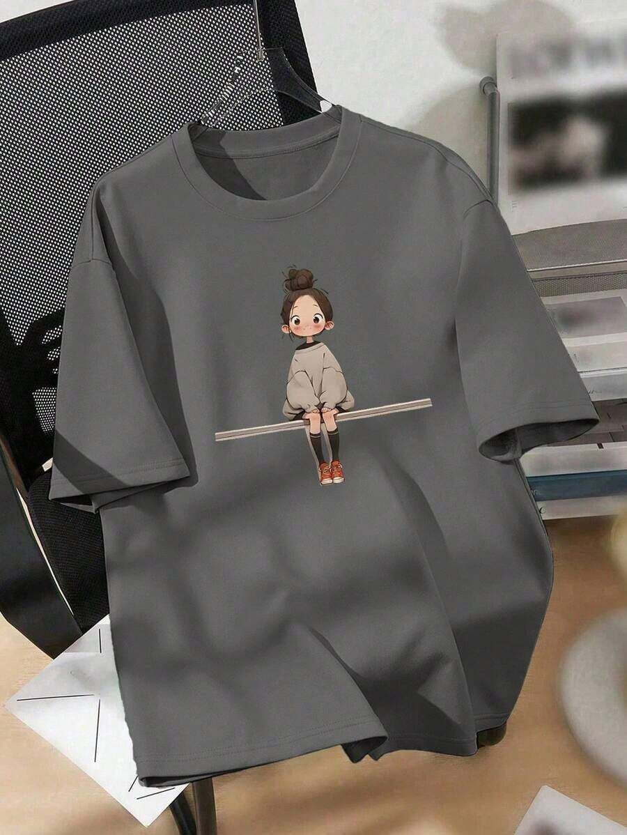 Plus Size Casual T-Shirt With A Print Of A Smiling, Healing Girl - 灰色的 - 查看 1