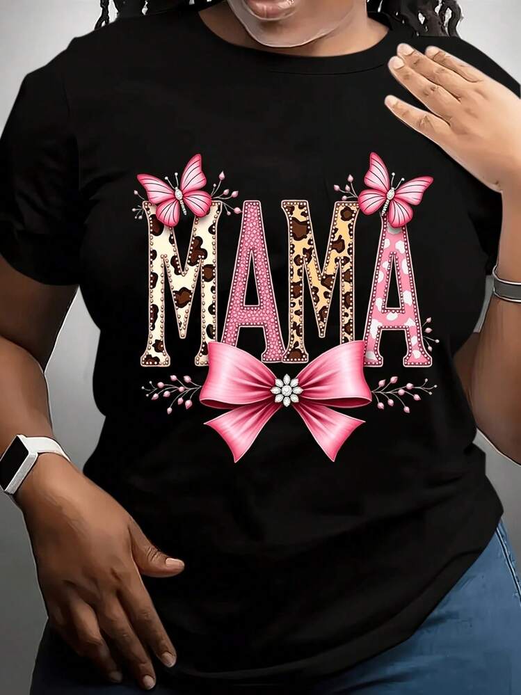 100% cotton Camisa de manga corta para damas, cuello redondo, color negro, con el patrón "MAMA" impreso, corte normal y cómoda de llevar. - Negro - Añade 2