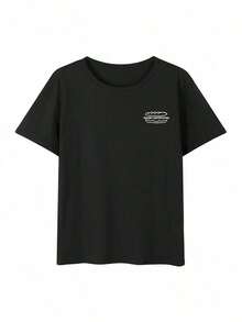 New White Short Sleeve Summer T-Shirt, English Print, Loose Fit, For Petite Women, Casual In-Style - 黑色 - 查看 7