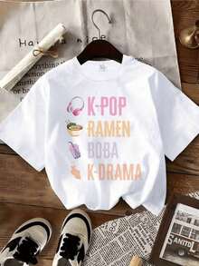 Fashion Printed T-Shirts For Women, Oversized Streetwear Tops, Comfortable And Stylish All-Match Summer Tees. The Print Celebrates Korean Pop Culture With The Words K-POP RAMEN BOBA And K-DRAMA, Symbolizing Youthful Passion For Music, Fun Food, And Relaxed Asian Series. Women's Casual Cotton T-Shirt, Comfortable - 白色 - 查看 8