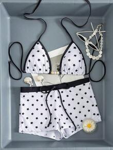 Conjunto de bikini de 2 piezas para mujer - Estampado de estrella con ribete sólido, parte superior tipo triángulo con escote halter (adornada con acentos de cuentas), Bottom tipo short de tiro alto, elegante ropa de playa de verano, traje de baño de tira - Blanco y Negro - Ver 2