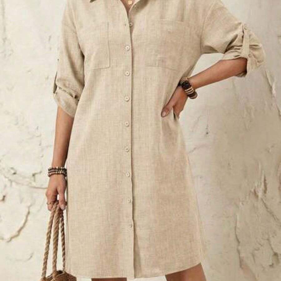 Faunlyn Women's Striped Roll-Tab Sleeve Front Button Shirt Dress For Vacation & Leisure - Caqui - Ver 1
