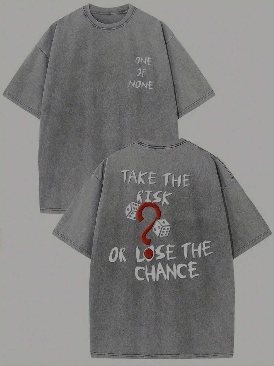 1 Piece, 220g T-Shirt, Washable On Both Sides, With "Adventure Or Miss The Opportunity" Print, High-Quality Batik Cotton Vintage Fashion Brand T-Shirt, Suitable Thickness For Summer, Holiday Gift T-Shirts For Men And Women - 深灰色 - 查看 1