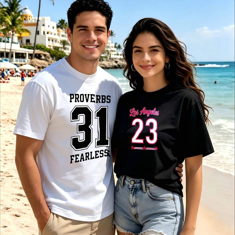 2-Piece Couple Matching Pattern T-Shirt, 100% Cotton, Loose Fit, Soft And Breathable, Casual Round Neck Short Sleeved Top Proverbs 31 Fearless Los Angeles 23 Versatile Patterns No Picky Combinations Coordinated Dating Casual Travel Simple And Cartoonish Printing Styles High Cost-Effectiveness - 白色 - 查看 1